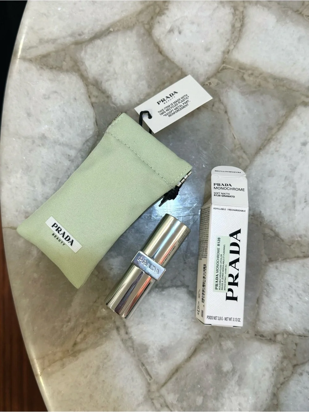 Prada Monochrome Lipstick R128 with Light Green Pouch